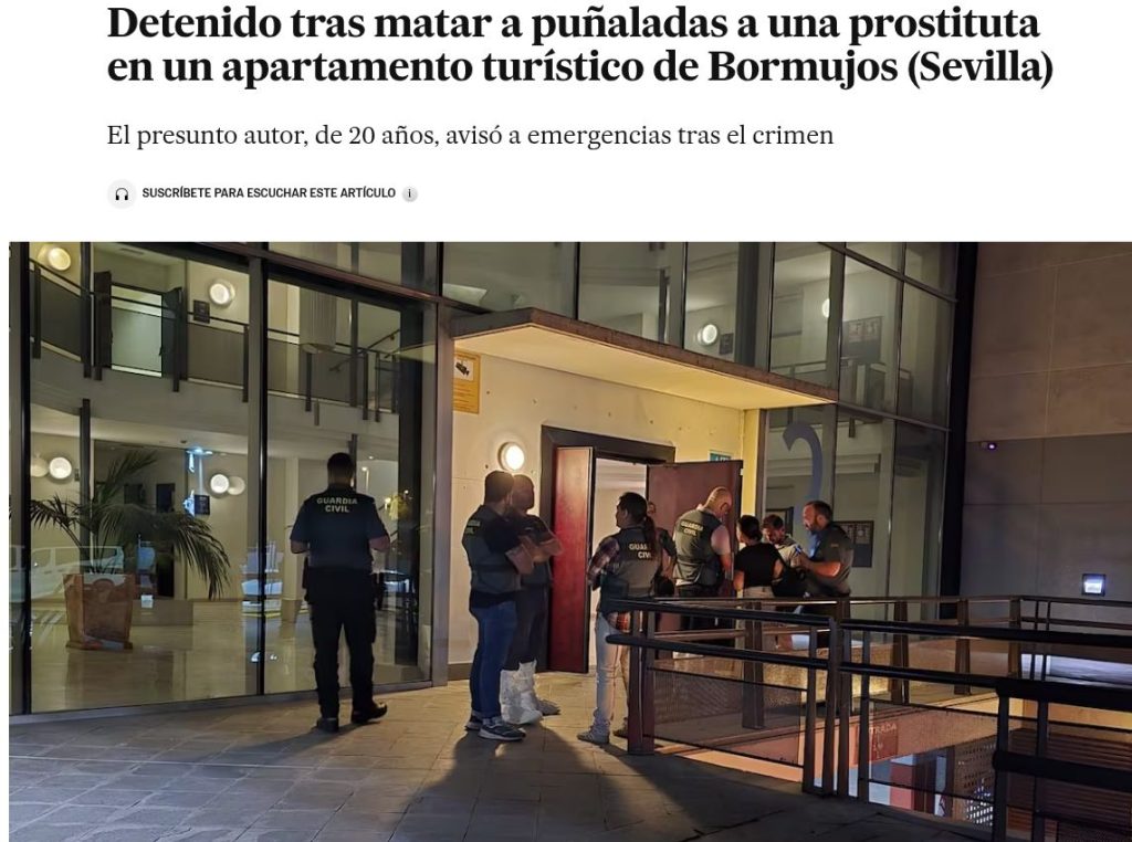 Captura del titular de El País que identifica a la víctima como «una prostituta», con el subtítulo y la fotografía de la noticia.