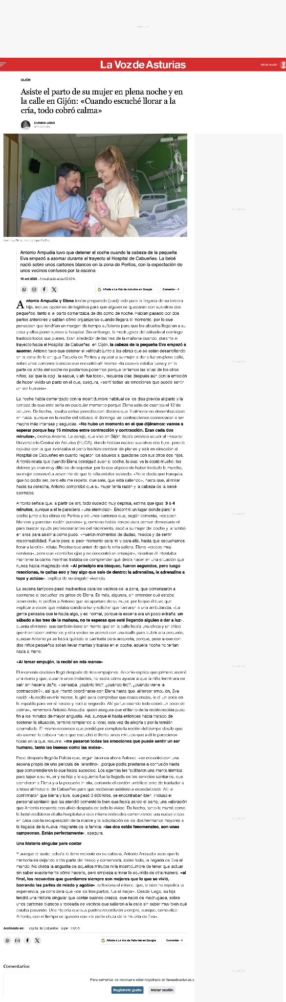 Captura íntegra de la noticia de La Voz de Asturias sobre el parto de Elena en una calle de Gijón, publicada el 16 de octubre de 2026.