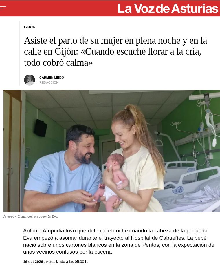 Captura del titular y del subtítulo de La Voz de Asturias sobre el parto de Elena en una calle de Gijón, del 16 de octubre de 2026.
