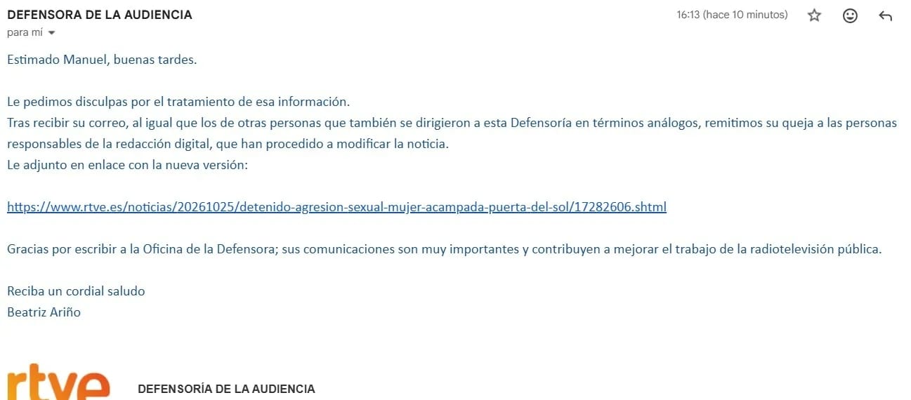 Respuesta de la Defensora de la Audiencia de RTVE: pide disculpas por el tratamiento de la información y confirma la modificación de la noticia tras las quejas recibidas.