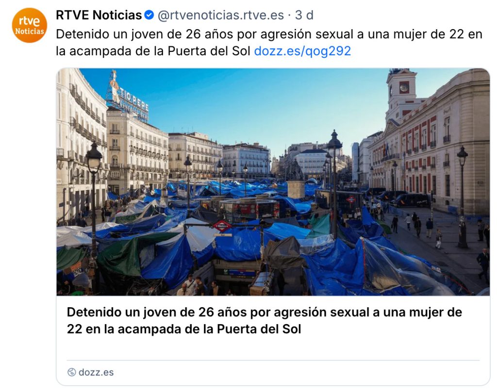 Publicación original de RTVE Noticias en Bluesky: «Detenido un joven de 26 años por agresión sexual a una mujer de 22 en la acampada de la Puerta del Sol».